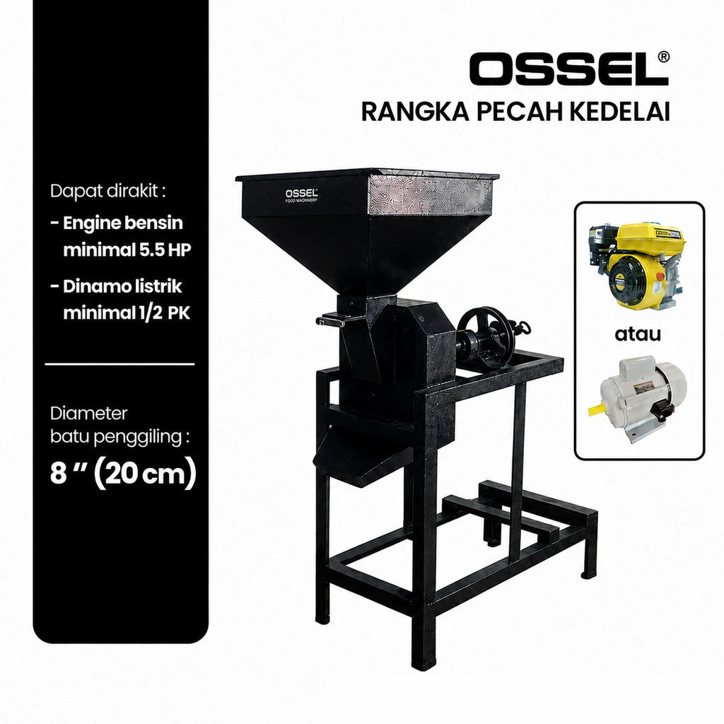 OSSEL Paket Rakitan Siap Pakai Mesin Pemecah & Pengupas Kedelai Dinamo Listrik 0,5 HP